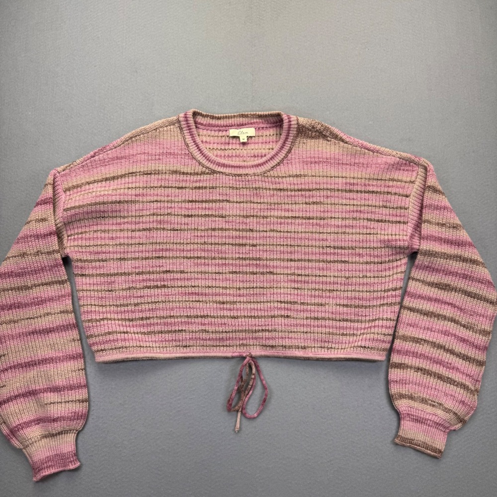 Elan Womens Striped Cropped Sweater Pink Purple SWS10899‎ Drawstring Hem Size M